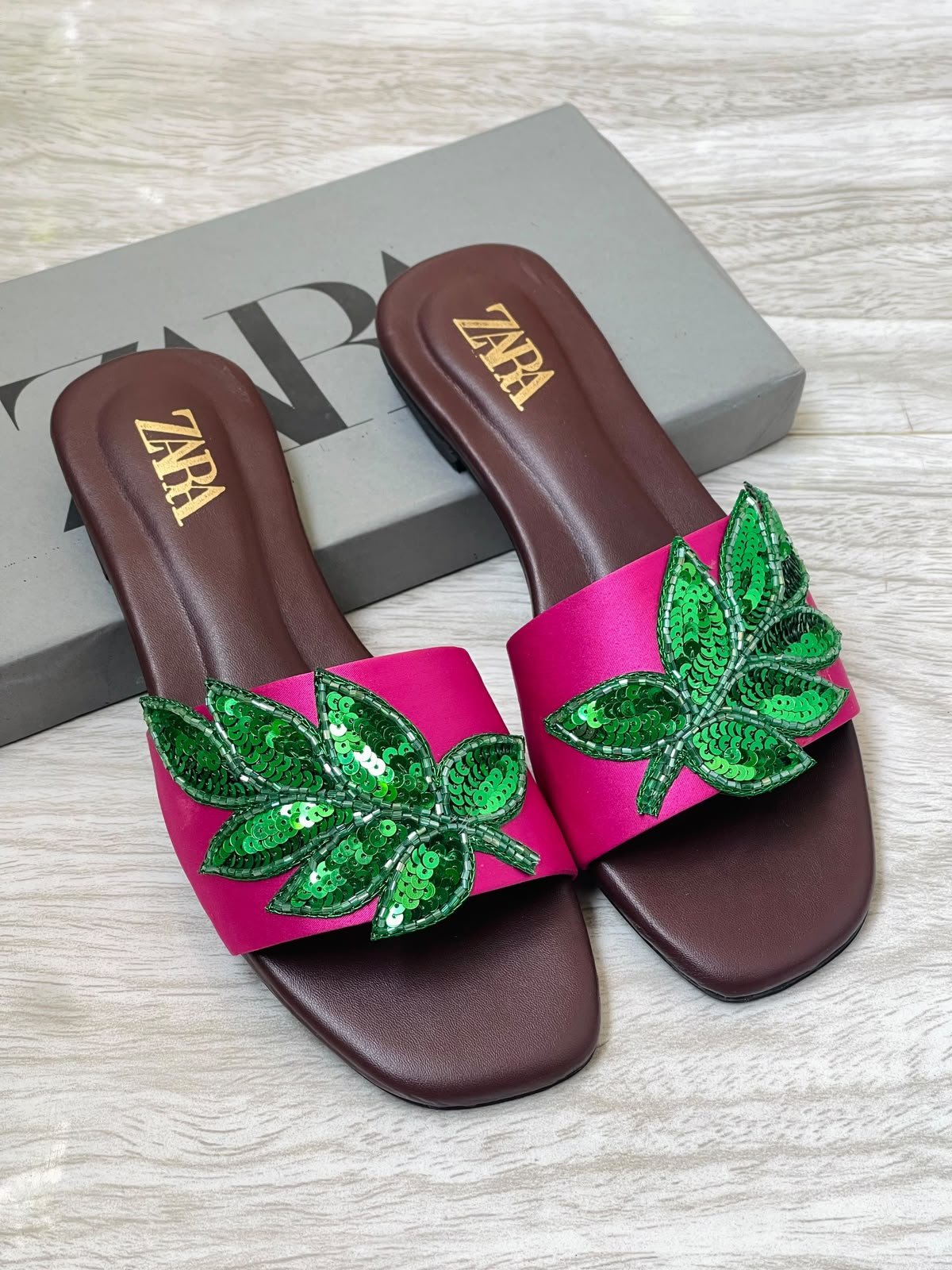 Zara Embroidered Leaf Flat Slides